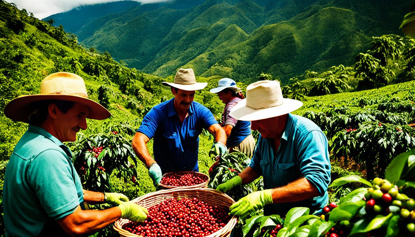 Un grupo de agricultores con vestimentas tradicionales recogiendo cuidadosamente cerezas de café maduras de los árboles en una exuberante plantación de café colombiano