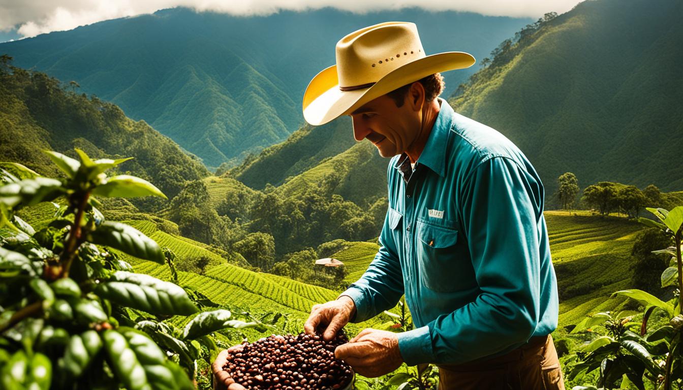 Una serena finca cafetalera en el campo colombiano, con exuberantes campos verdes e imponentes montañas al fondo