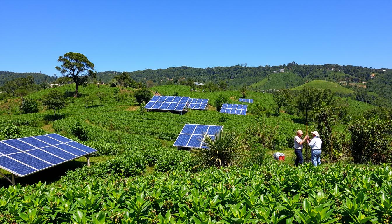 Exuberante finca cafetalera colombiana con prácticas agrícolas sostenibles, plantas de café verdes vibrantes, paneles solares integrados en el paisaje, flora y fauna diversa que prospera, trabajadores practicando técnicas de cosecha ecológicas, un cielo azul claro que muestra la armonía entre la agricultura y la naturaleza.